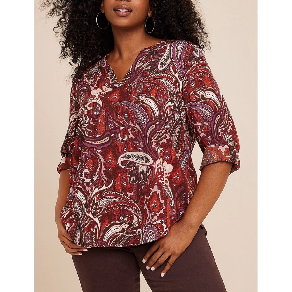 Maurices Plus Size Atwood Paisley 3/4 Sleeve Popover Blouse